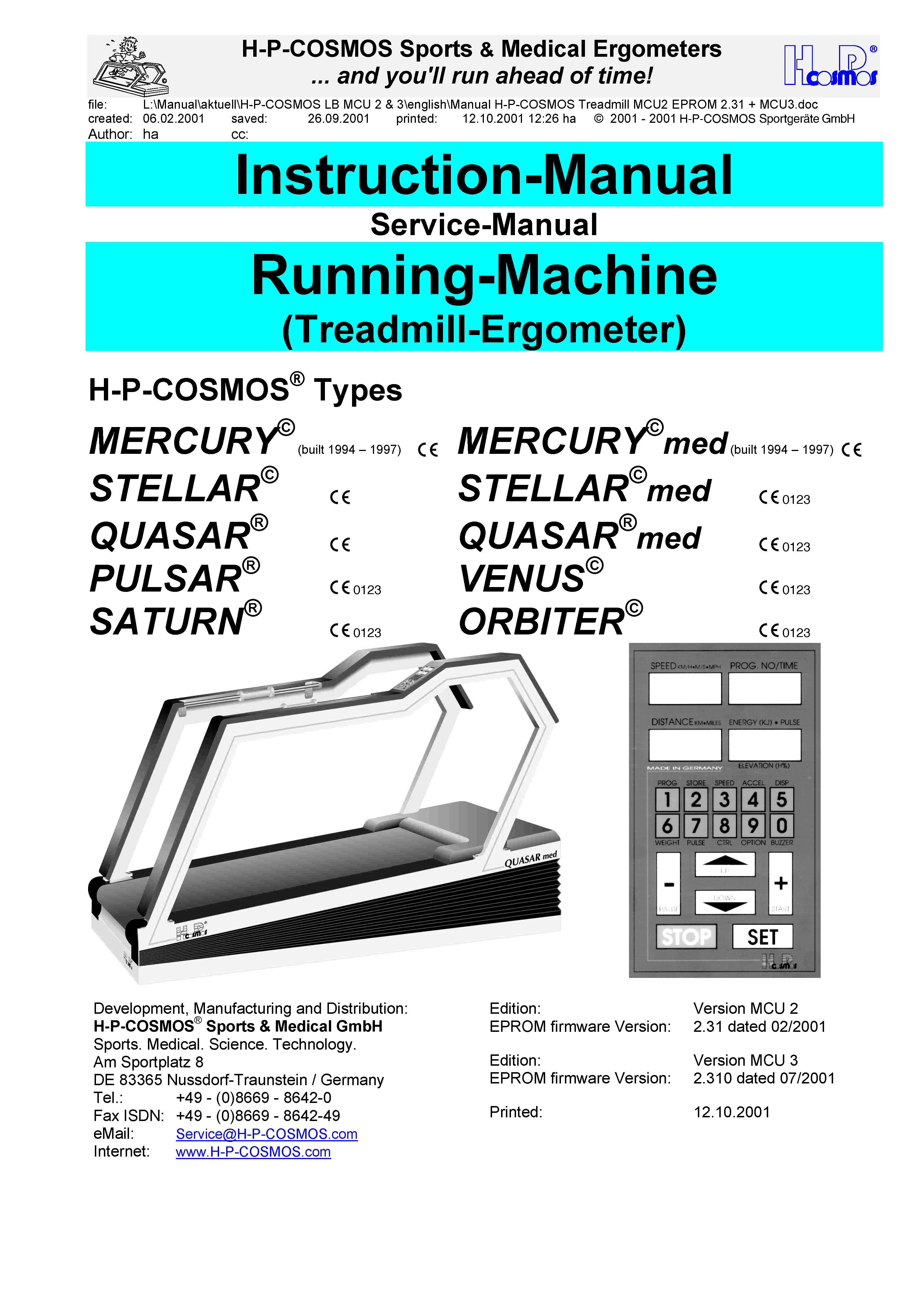 Instructions for use Operation manual hp-cosmos treadmill MCU2