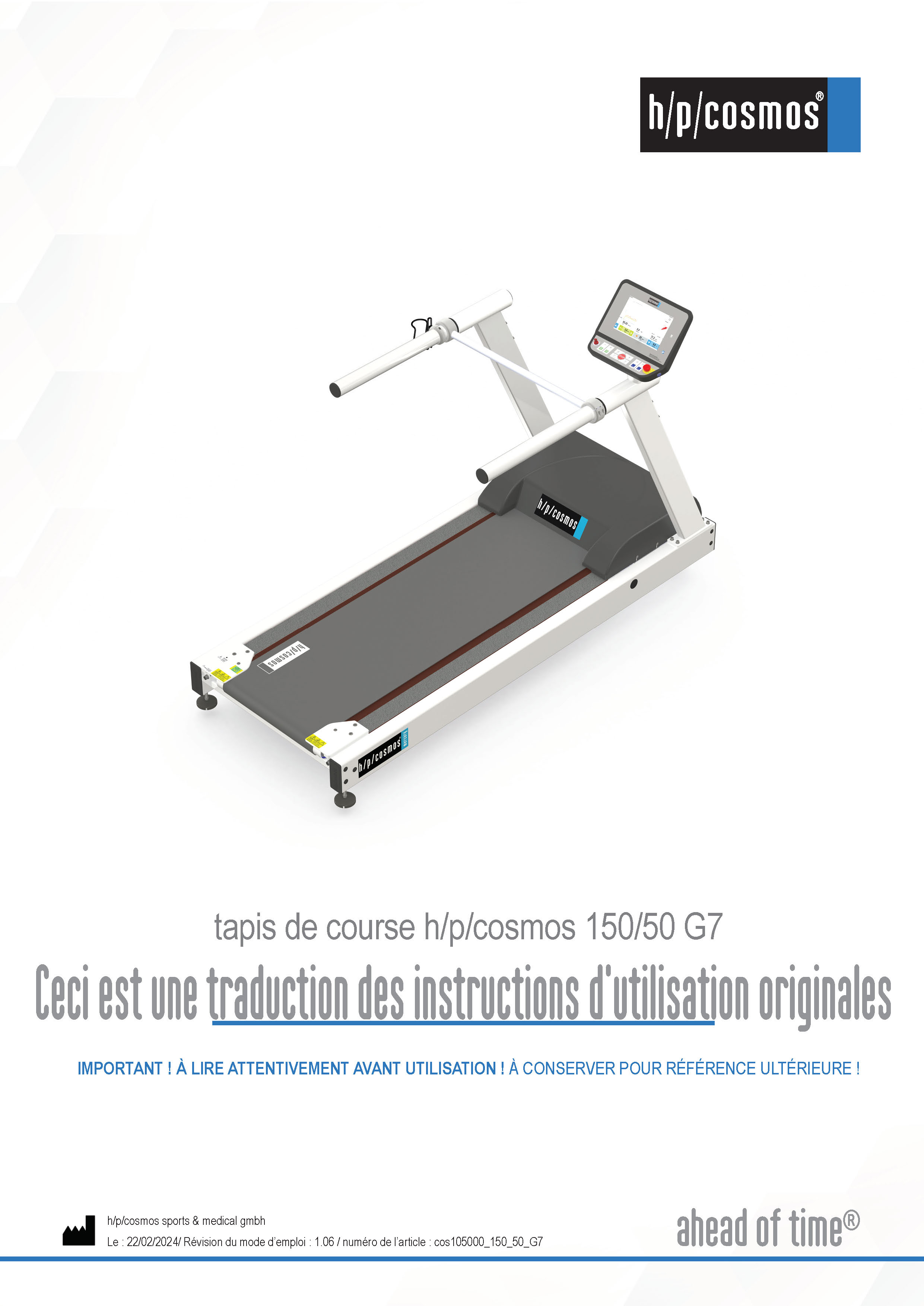 FRENCH Instructions for Use IFU, Operation Manual, Service Manual treadmill-ergometer h/p/cosmos 150-50 G7, pluto, mercury, mercury med